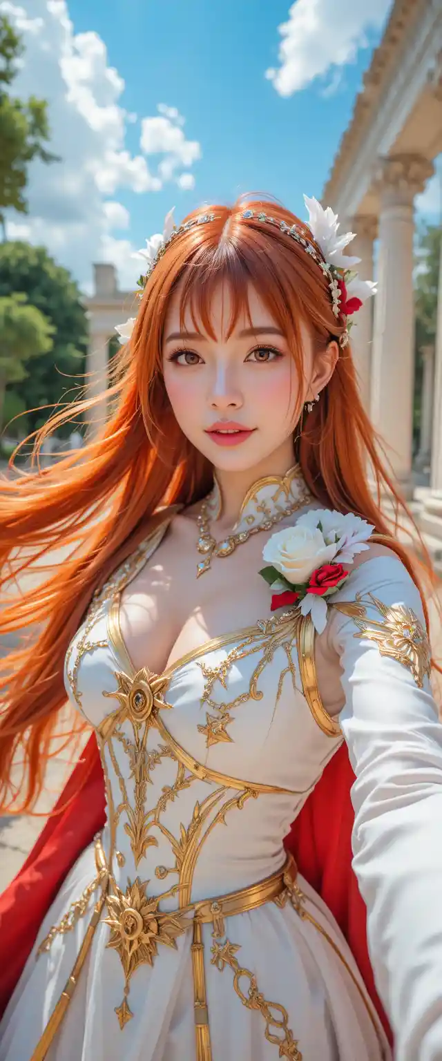 Cosplay woman taking a selfie among ancient Greek ruins