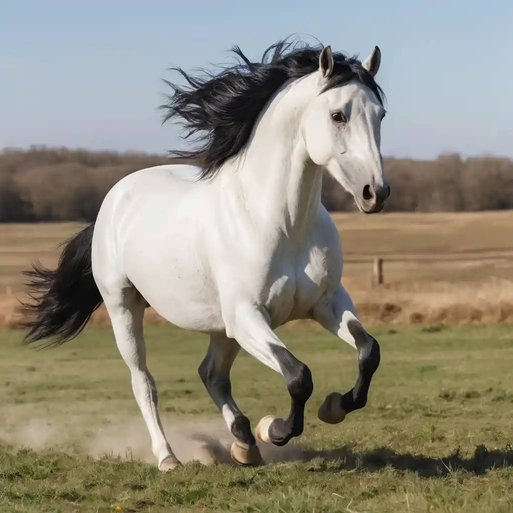 White horse running across a sunlit open field
