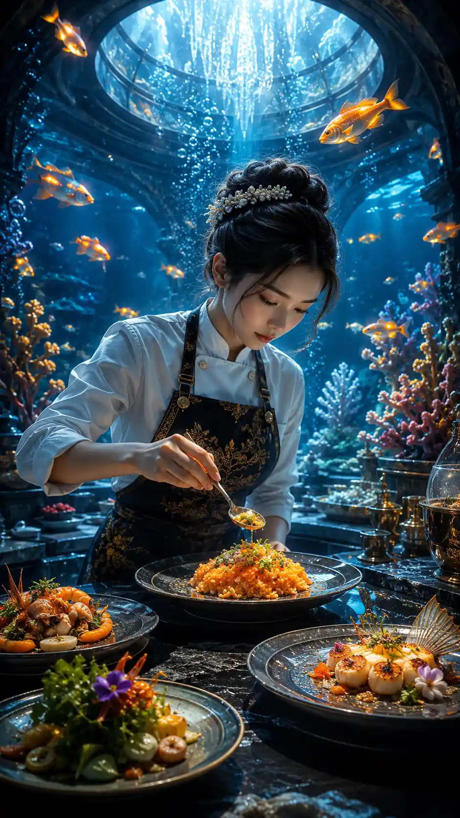 Young chef plating food in a glowing underwater restaurant