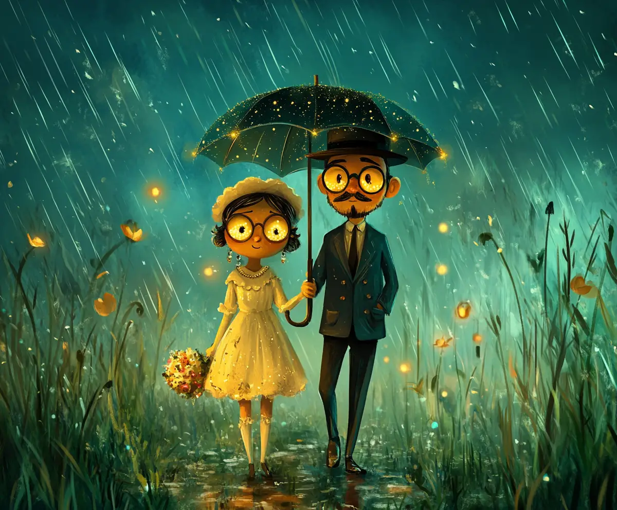 Magical glow worm couple walking through towering grass