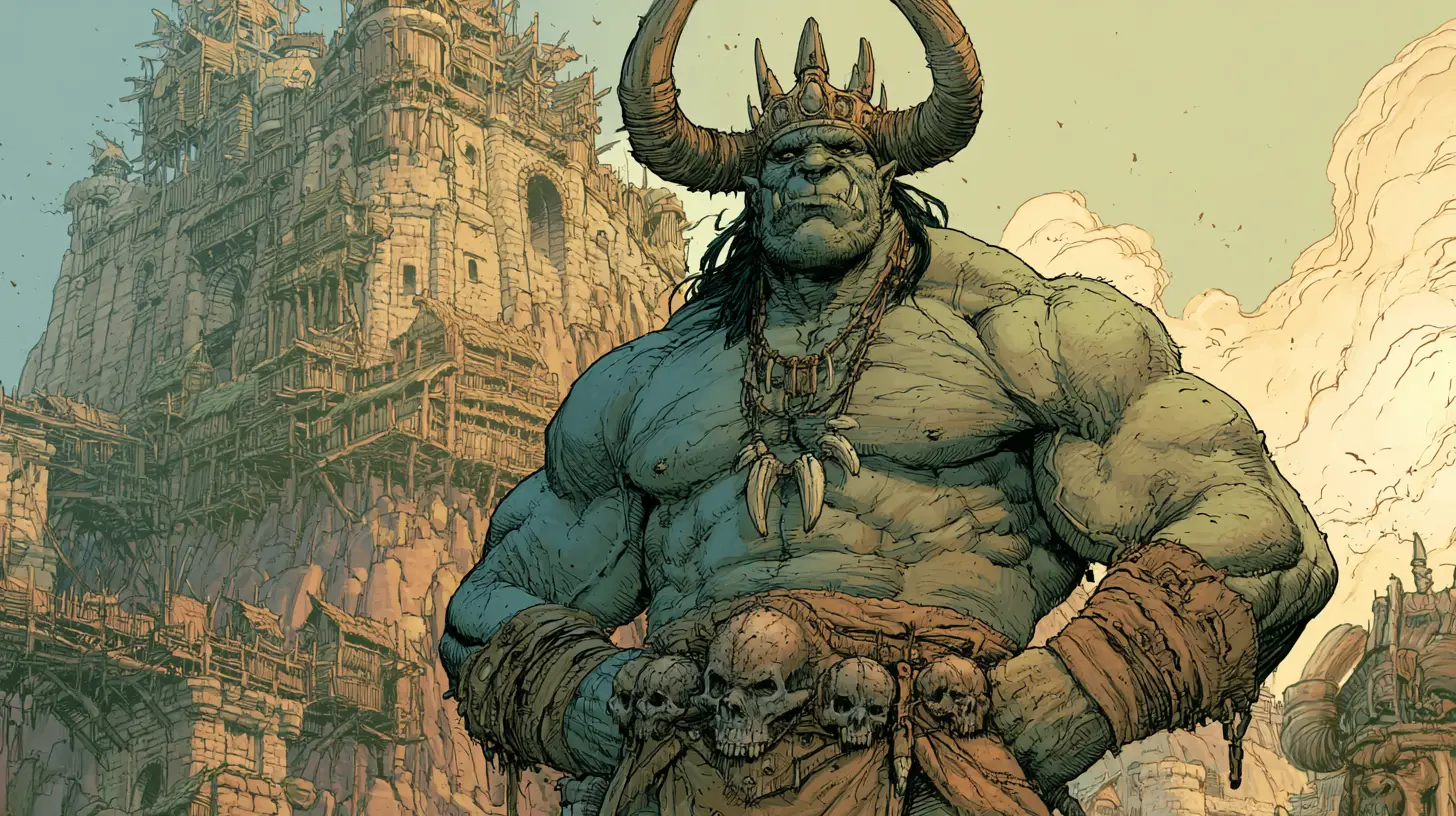 Mighty orc king posing before a vast mountain castle