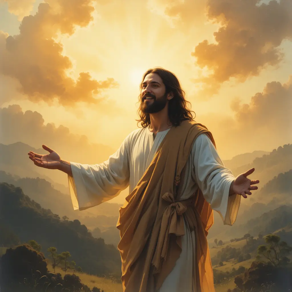 Jesus Christ in golden light with open welcoming arms