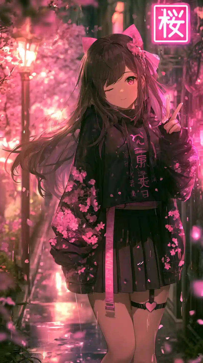 Anime girl on a rainy neon city street at night