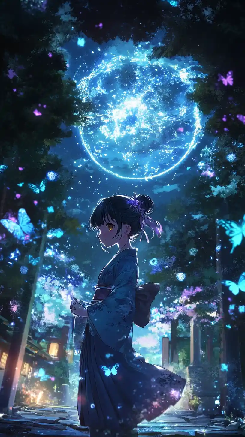 Anime girl at a Japanese temple with night fireworks