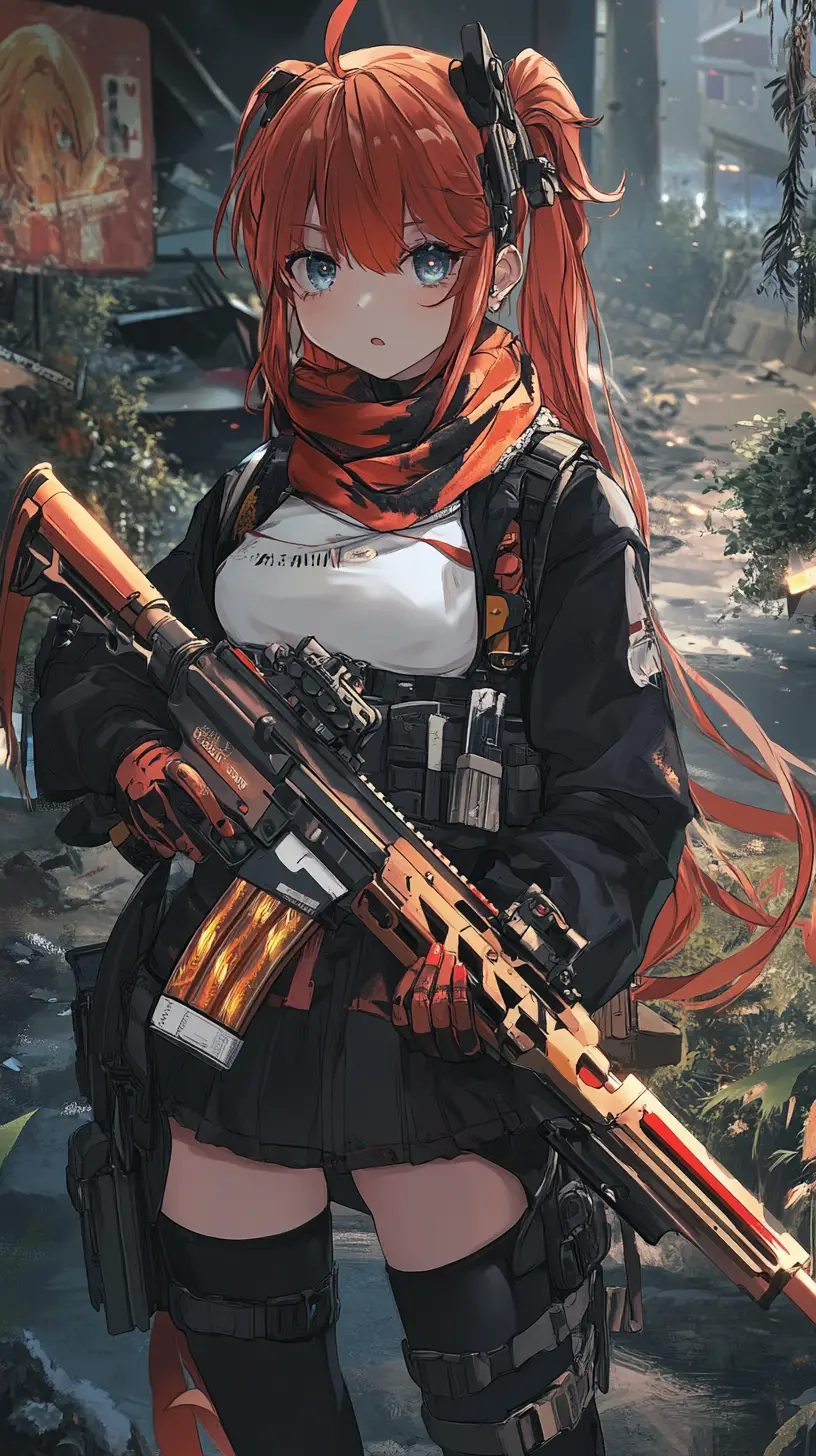 Anime girl holding worn assault rifle with red details