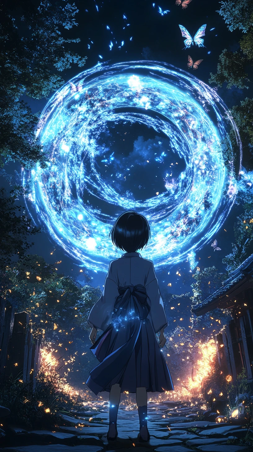 Anime girl at a Japanese temple with night fireworks