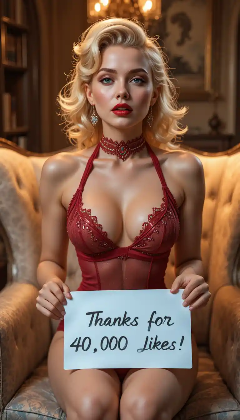 Sensual blonde woman in red bridal lingerie on chair
