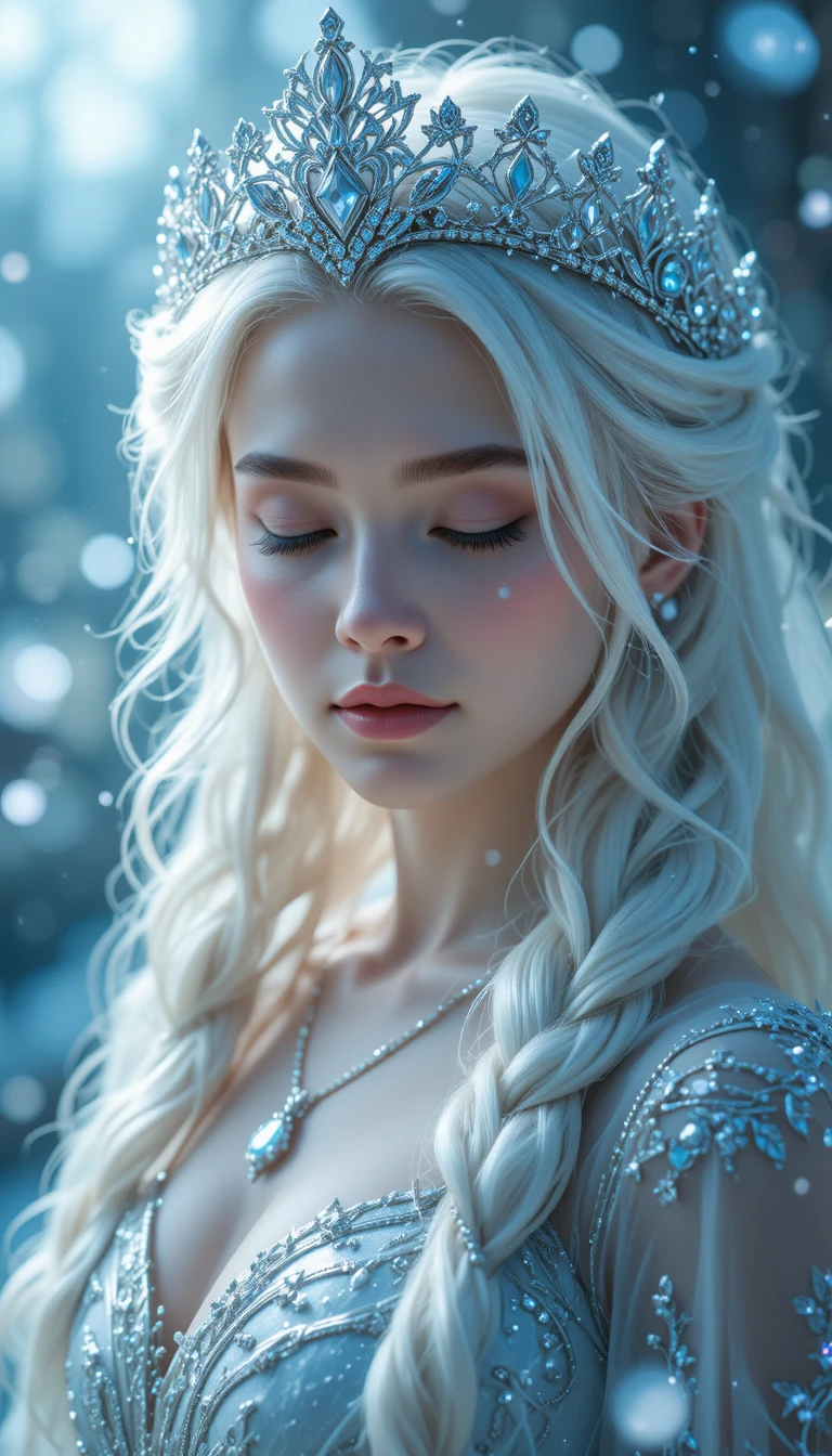 Ethereal snow queen with jeweled crown in soft close up