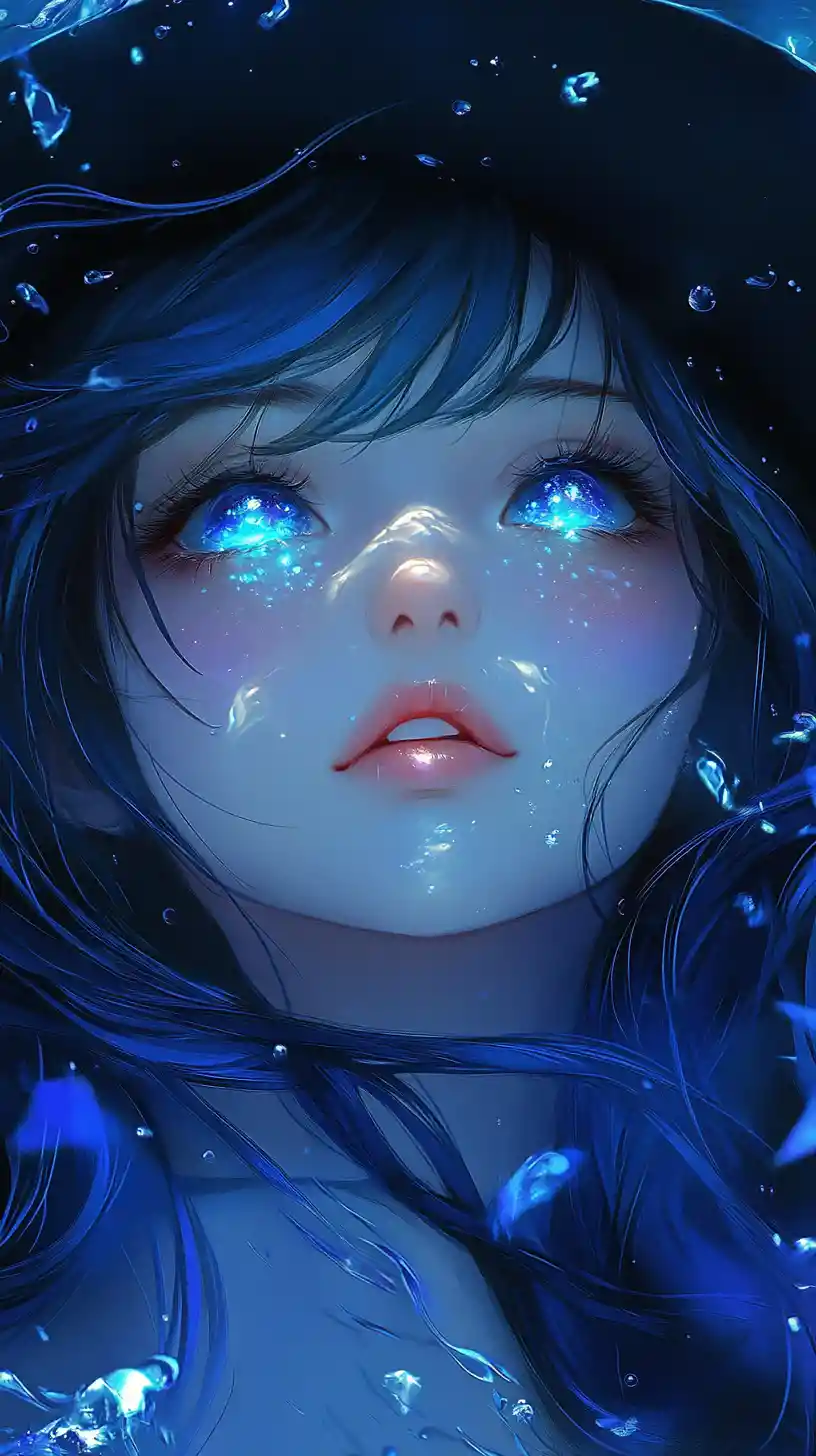 Anime girl with luminous blue hair in aquatic glow