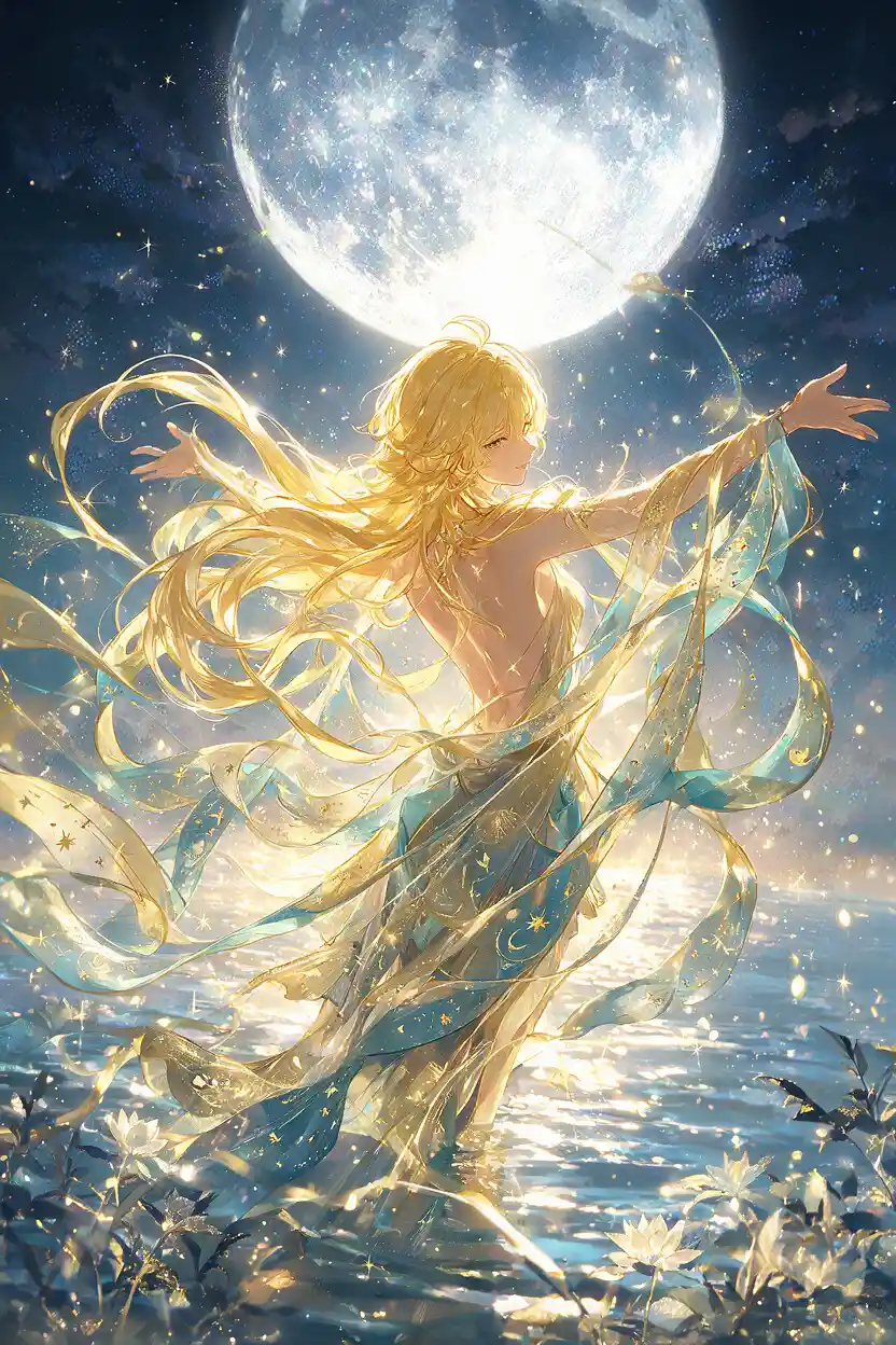 Strahlende blonde Frau unter einem leuchtenden Vollmond