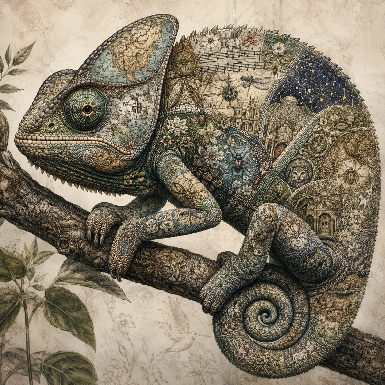 Surreal chameleon on a branch with worlds on its scales