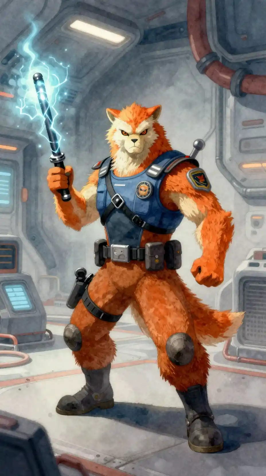 Alien security guard ready for battle in sci fi cargo bay