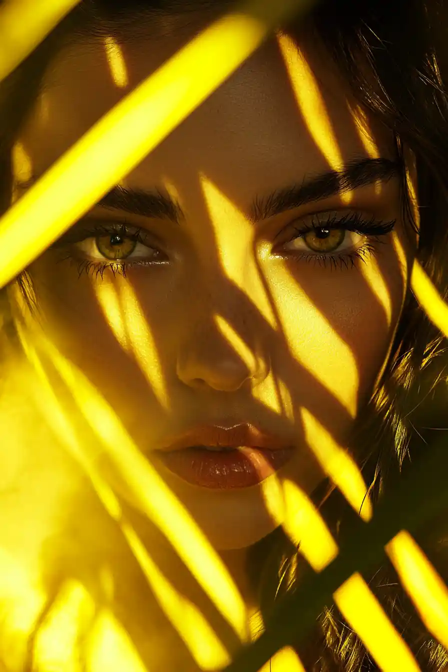 Surreal beauty portrait of a woman framed by yellow flames