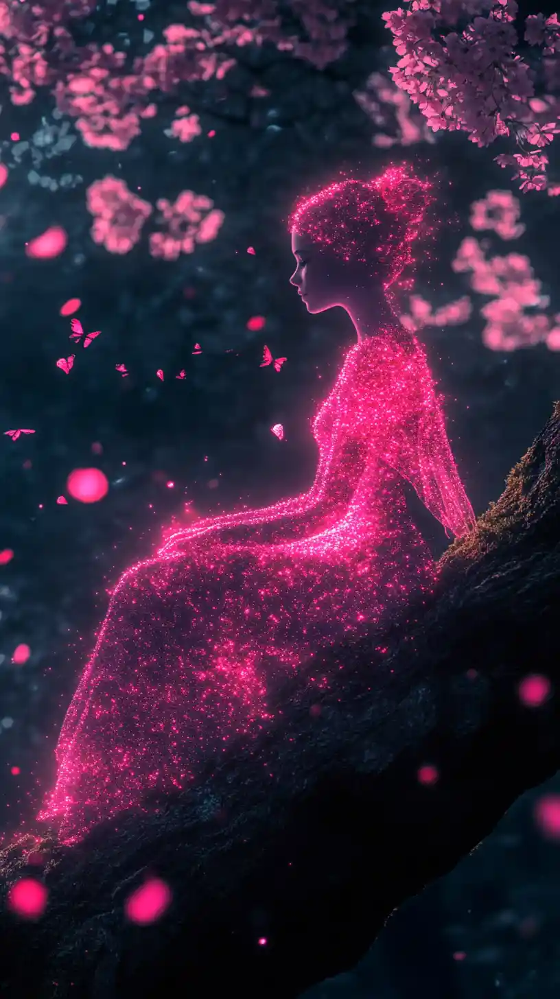 Glowing Pink Fairy On Mossy Branch In Dark Forest