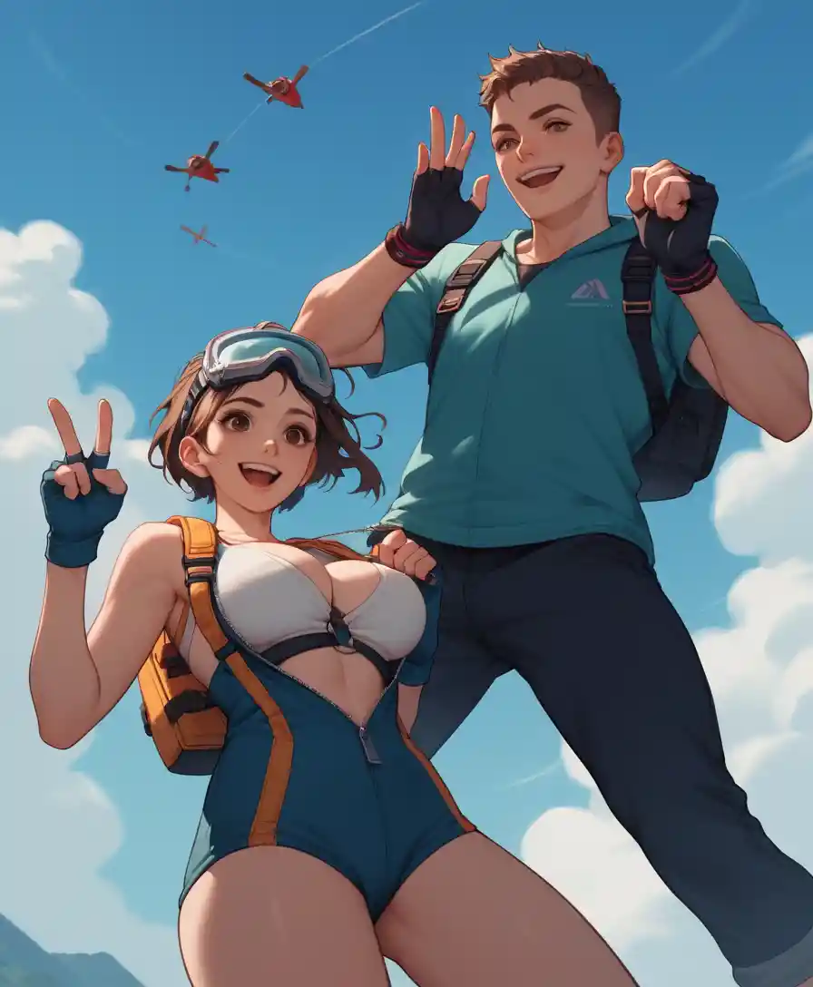 Tandem skydive with joyful girl seen from below