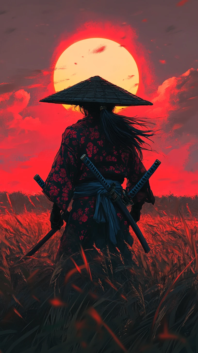 Lone samurai warrior silhouetted against a crimson sun