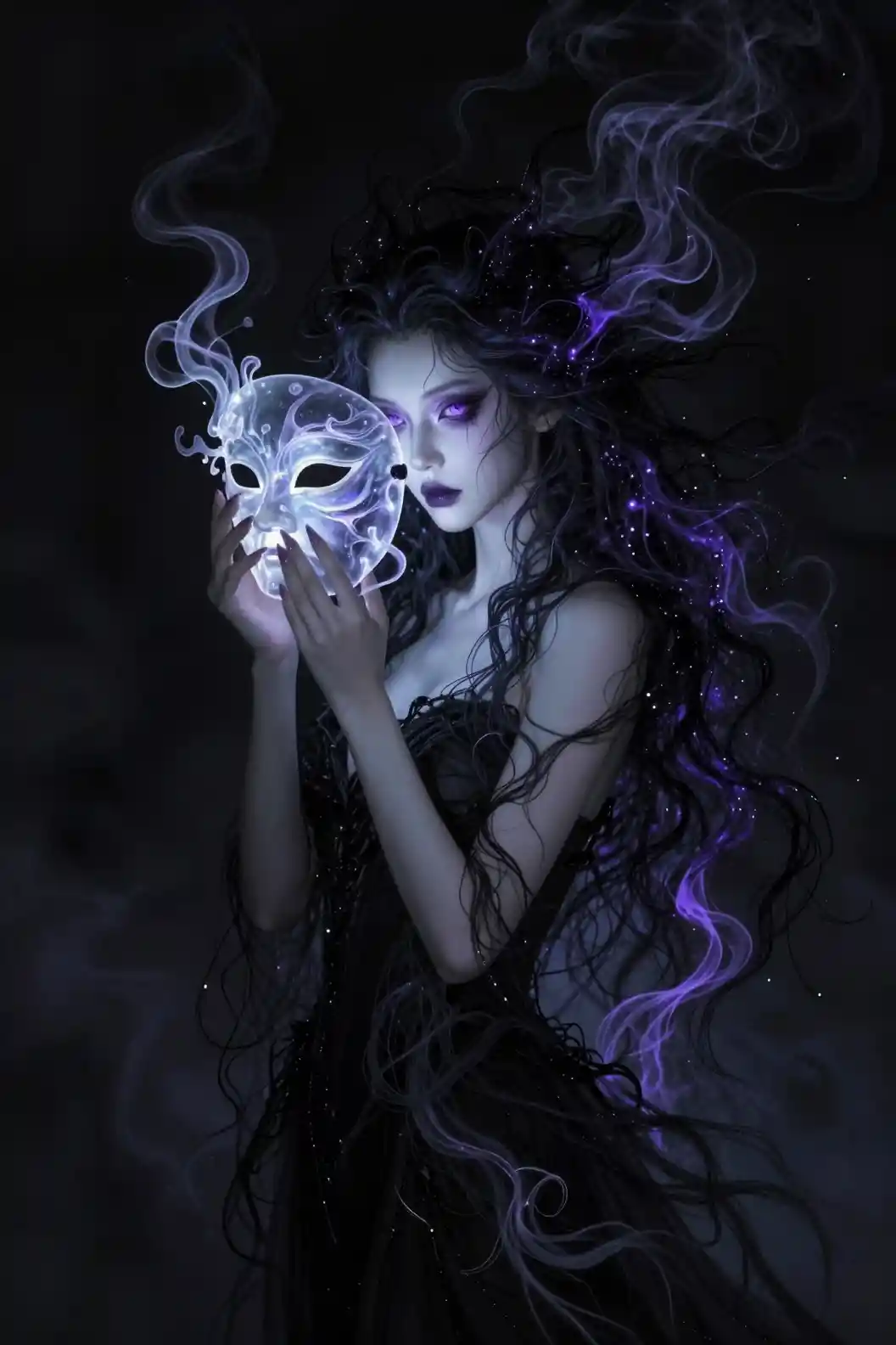 Mystical woman with purple eyes in dark ethereal smoke