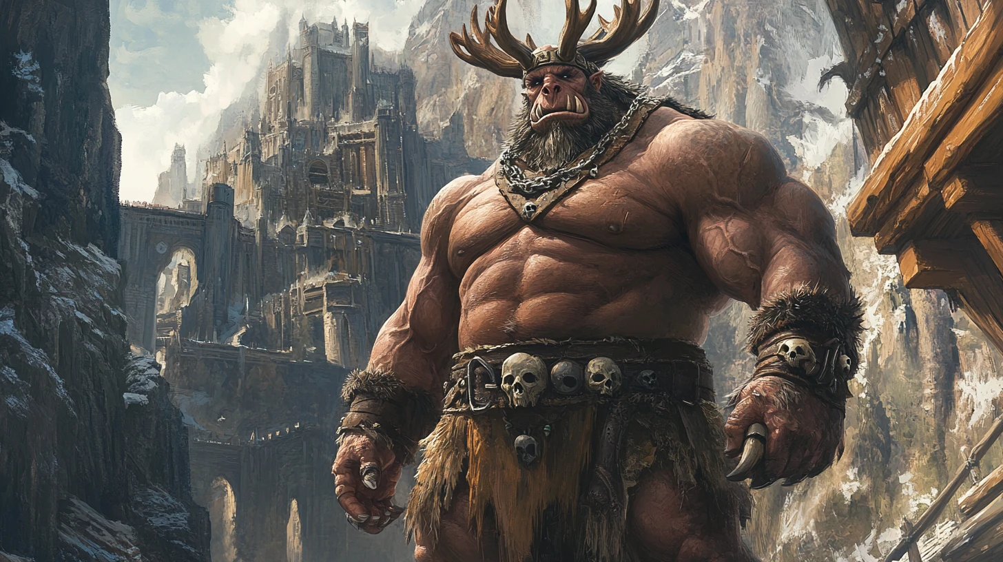 Majestic orc king with antler crown before mountain castle