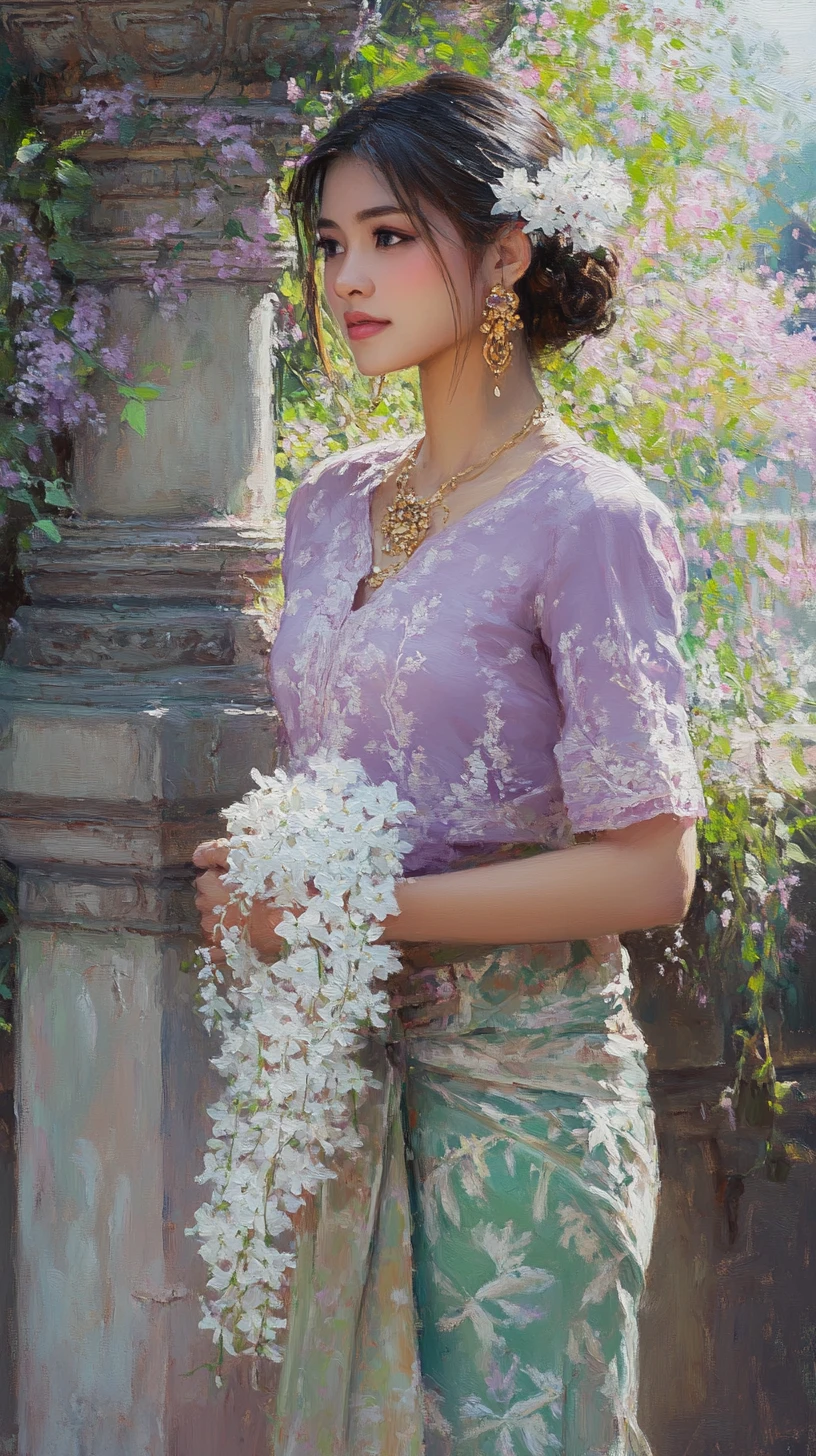 Graceful Thai woman with jasmine garland in floral garden