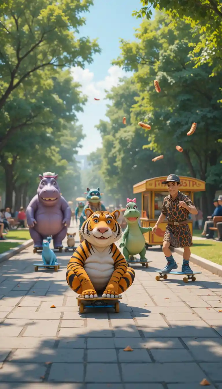 Cartoon animals skateboarding through a sunny city park