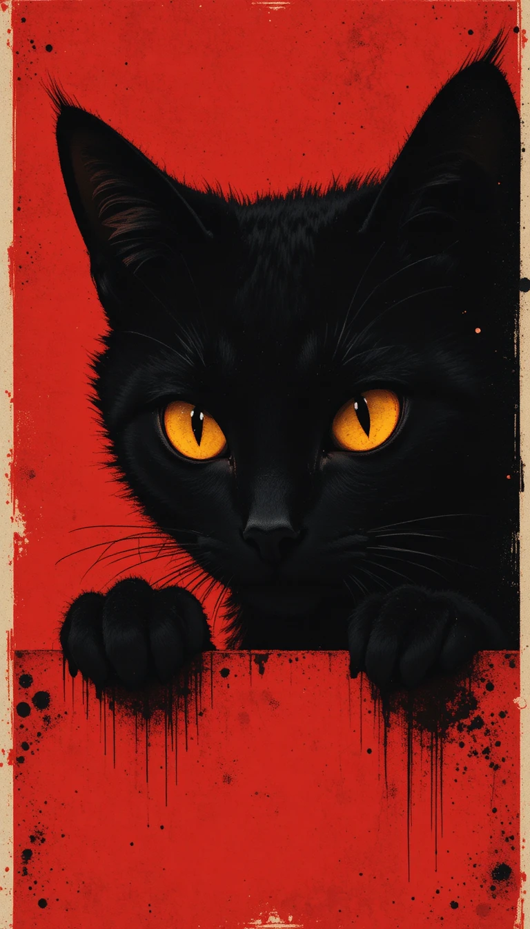 Black cat eyes over red in minimalist graphic art