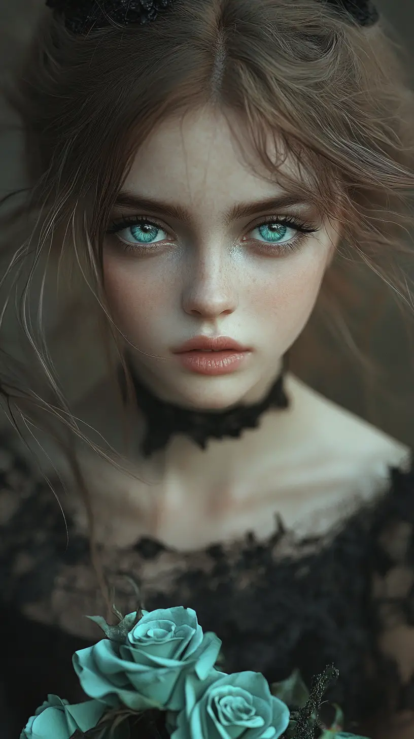 暗森林中抱著青綠玫瑰的憂鬱精靈少女