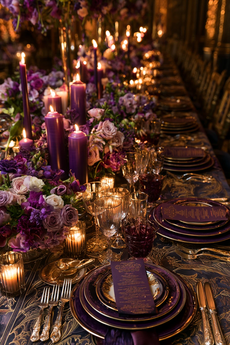 Luxurious close up tabletop dinner setting in dramatic light