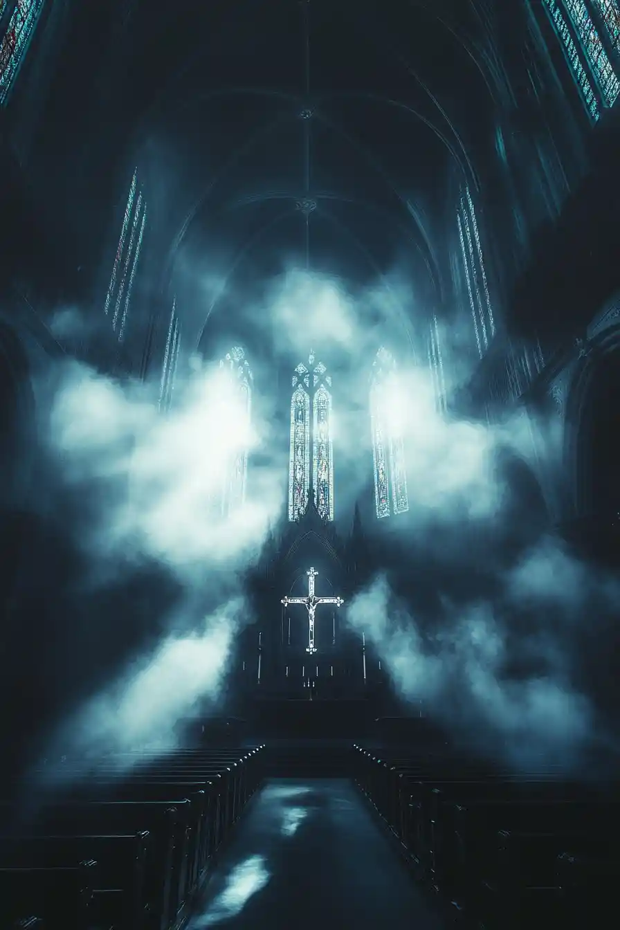 Fantasy speakers floating in a clean abstract ecclesiastical space