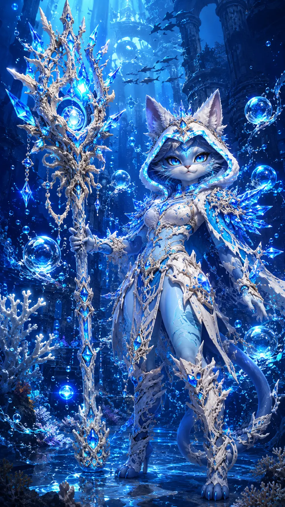 Heroic cat warrior with crystal staff in underwater ruins