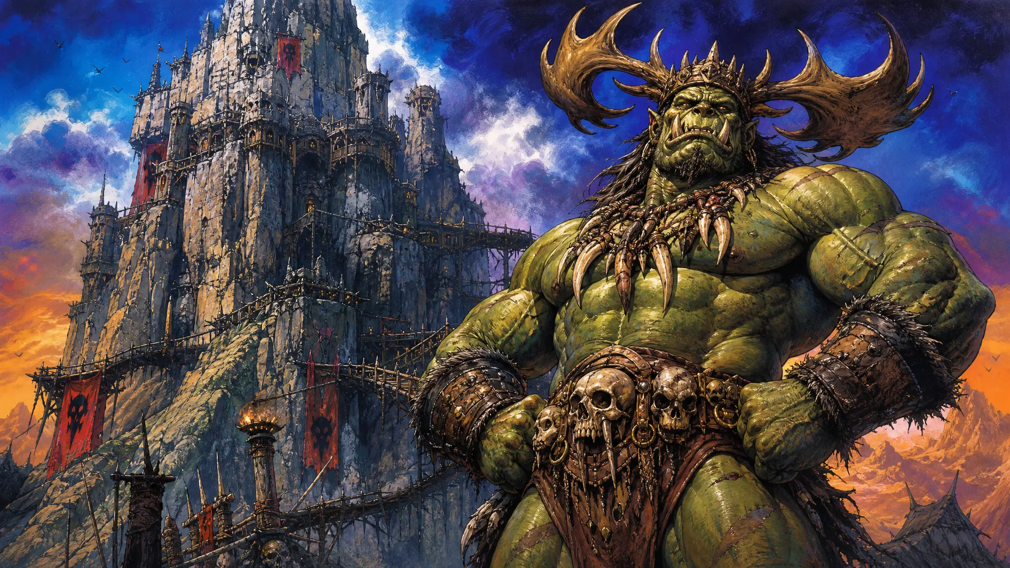 Mighty orc king before a vast mountain fortress