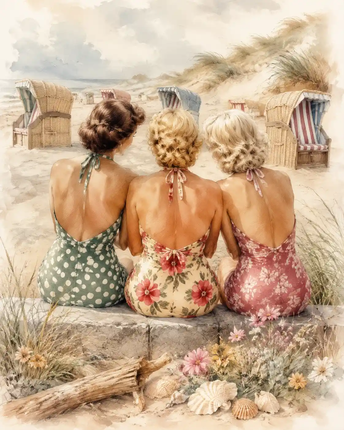 Three nostalgic women sitting together on a sunny beach wall