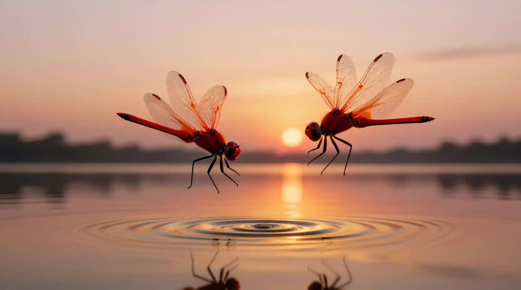 Ruby dragonflies over a calm lake at sunset