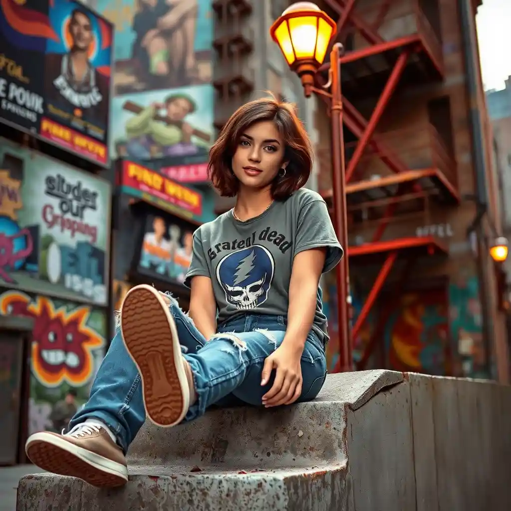 Young woman relaxing on city steps under warm streetlight