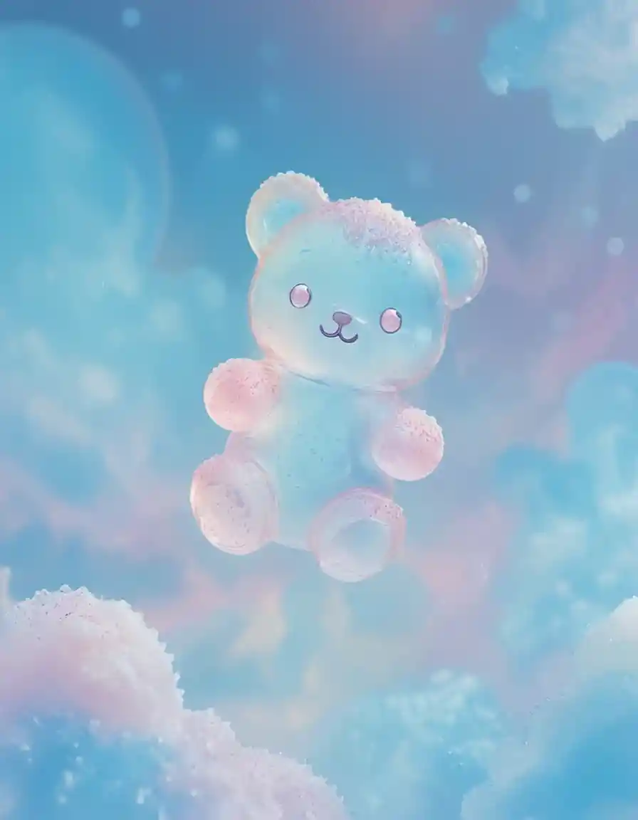 Glowing gummy bear floating in a soft surreal blue dream