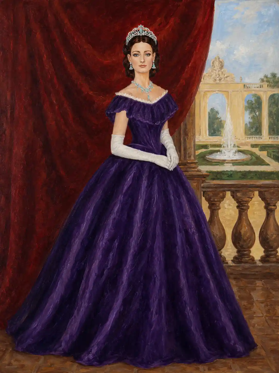 Regal woman in purple gown on terrace royal portrait