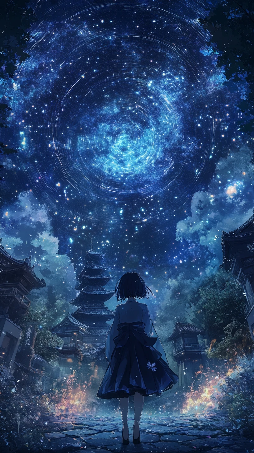 Anime girl at a Japanese temple with night fireworks