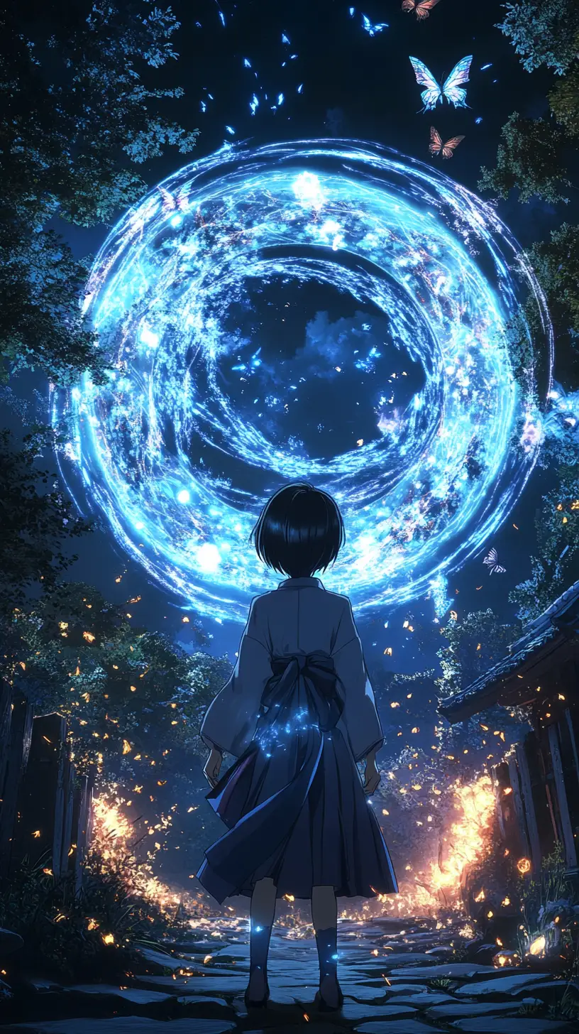 Anime girl at a Japanese temple with night fireworks