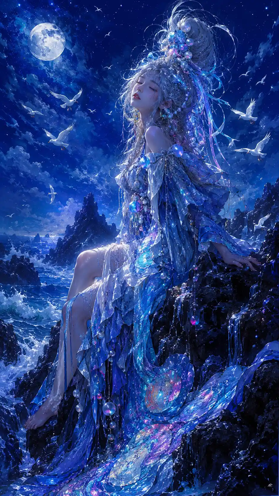 Fantasy woman on moonlit volcanic rocks by the sea