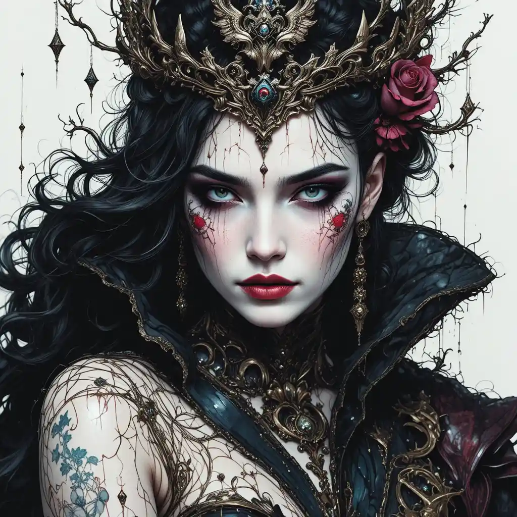 Seductive dark fantasy woman in dramatic ink illustration