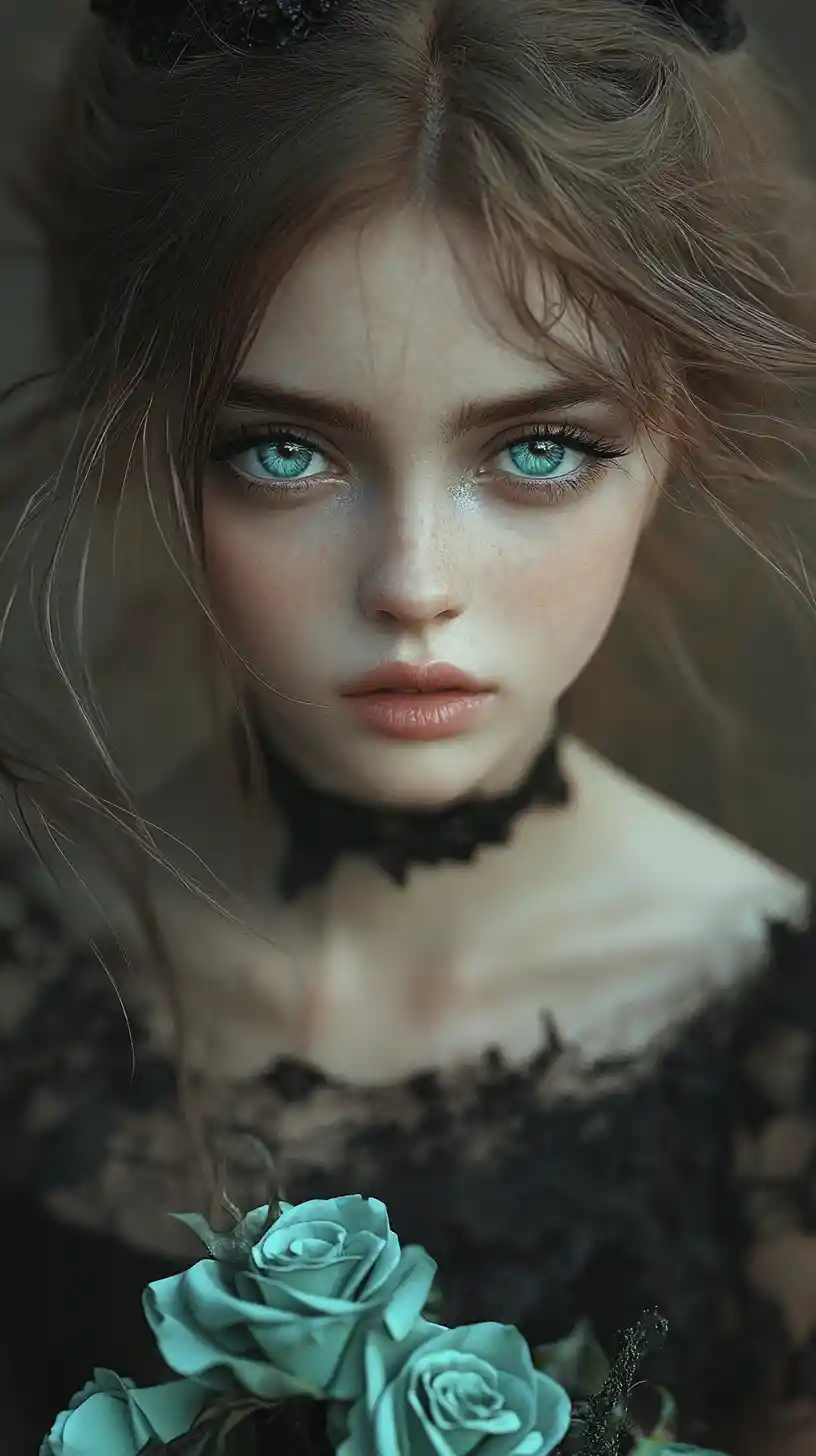 Melancholic fairy girl with teal roses in dark forest