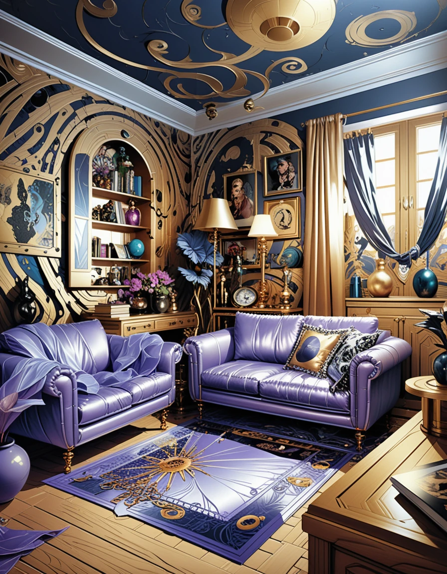 Moody 3D interior living room with eclectic dark decor