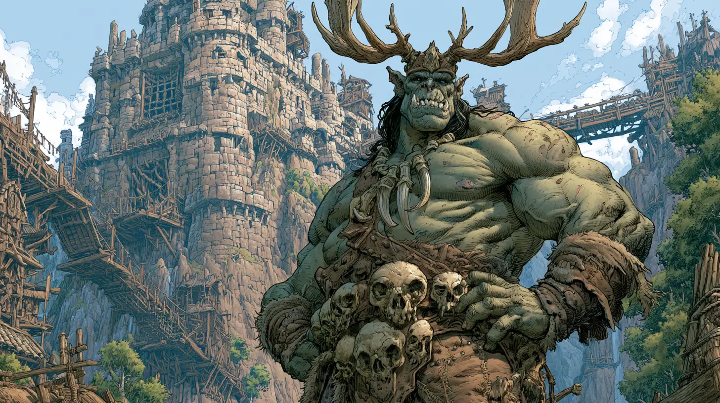Mighty orc king before a towering mountain fortress