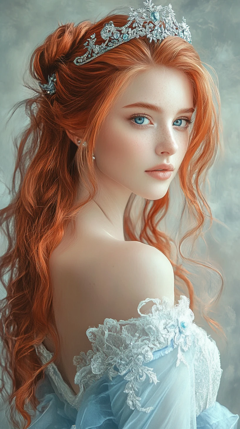 Red haired girl in blue gown with silver tiara