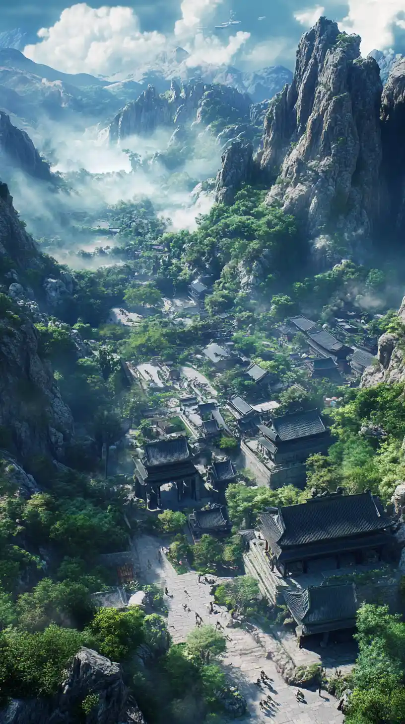 靖宇渓谷の山間のアニメ風景