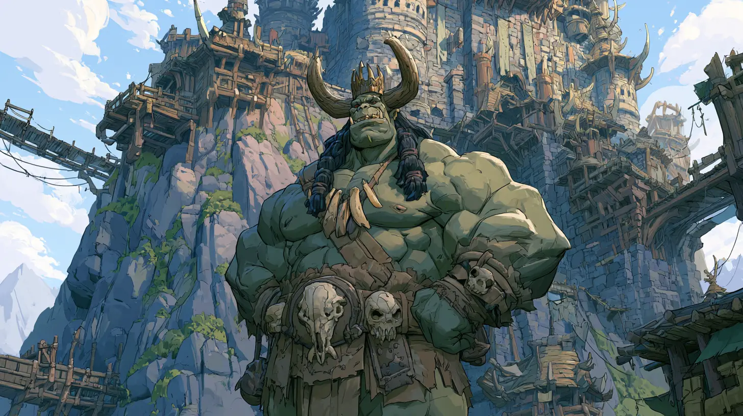 Majestic orc king before a colossal mountain fortress