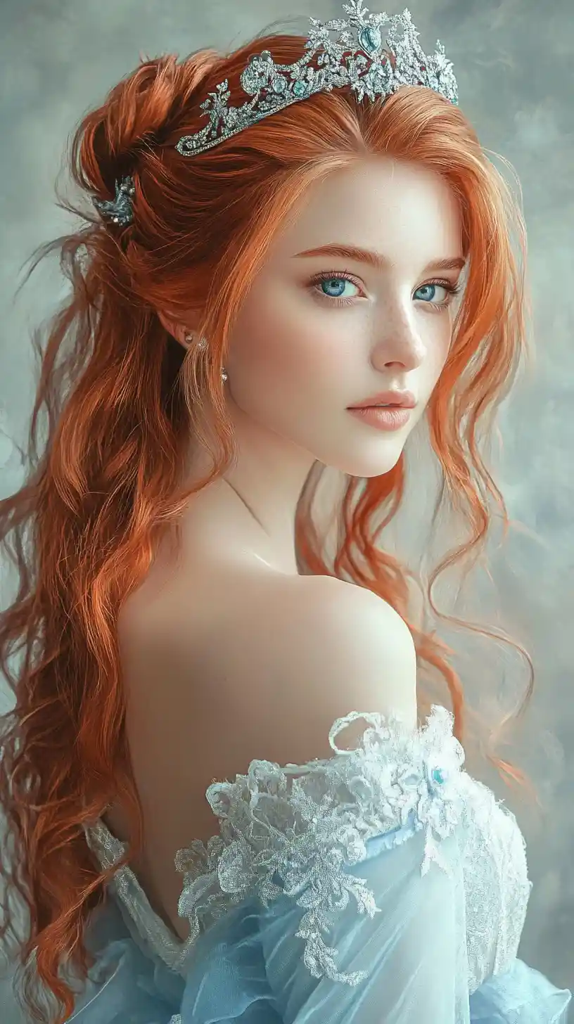 Red haired girl in blue gown with silver tiara