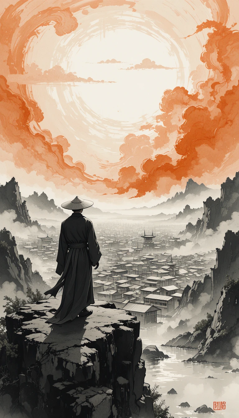 Solitary figure overlooking distant city beneath swirling sky
