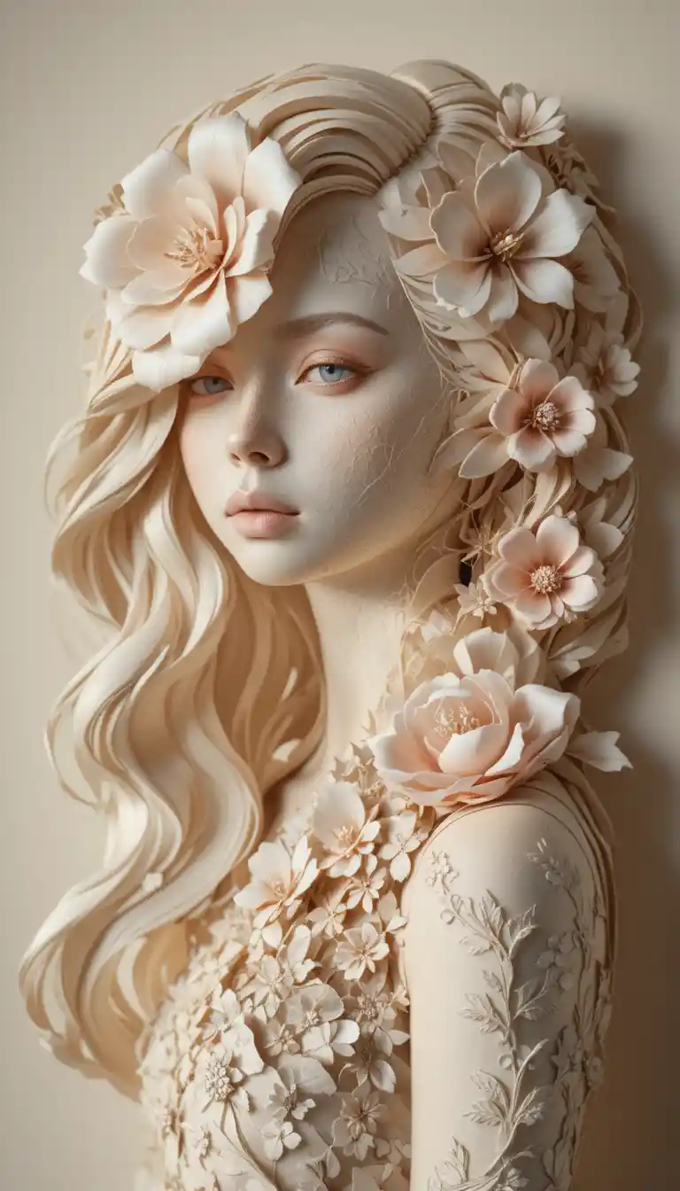 Papercraft portrait of a woman with floral paper hair