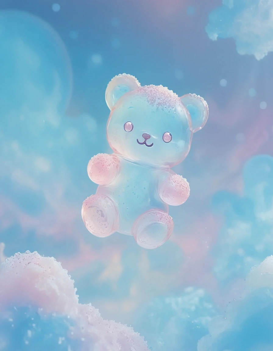 Glowing gummy bear floating in a soft surreal blue dream