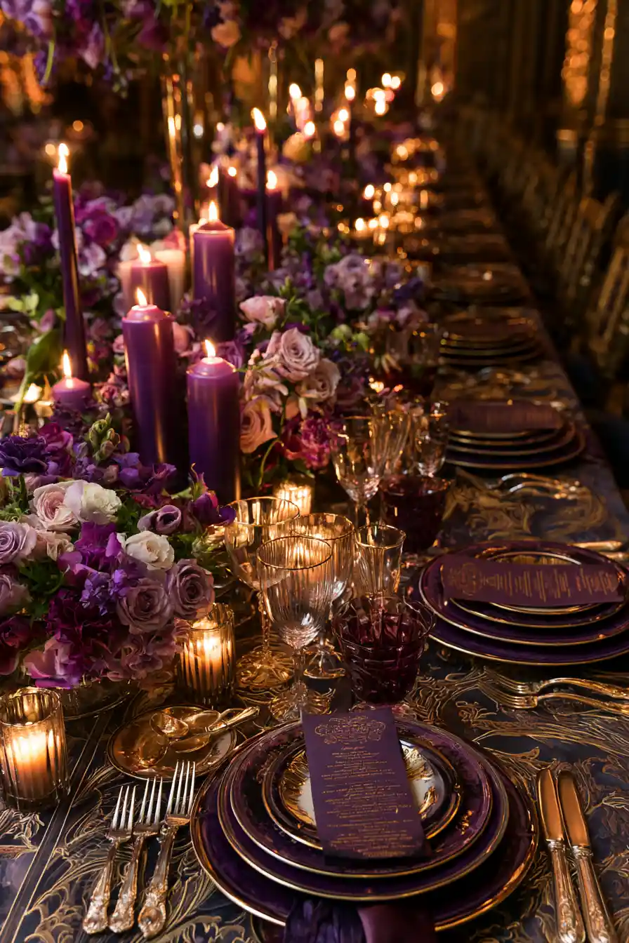 Luxurious close up tabletop dinner setting in dramatic light